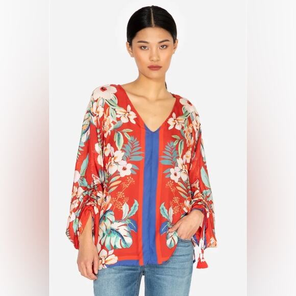Johnny Was Evy Red Floral 100% Silk Blouse Medium Balloon Sleeve Lightweight - Picture 7 of 14